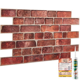 3D Wall Panels with Adhesive Included - Pack of 6 Sheets - Covering 29.76 ft² (2.76 m²) - Decorative Faux Deep Red Brick Pattern