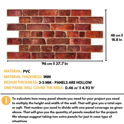 3D Wall Panels with Adhesive Included - Pack of 6 Sheets - Covering 29.76 ft² (2.76 m²) - Decorative Faux Deep Red Brick Pattern - 3