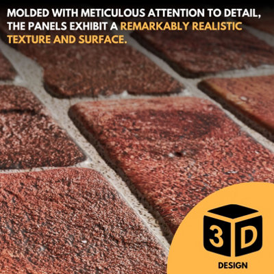 3D Wall Panels with Adhesive Included - Pack of 6 Sheets - Covering 29.76 ft² (2.76 m²) - Decorative Faux Deep Red Brick Pattern - 4