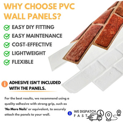 3D Wall Panels with Adhesive Included - Pack of 6 Sheets - Covering 29.76 ft² (2.76 m²) - Decorative Faux Deep Red Brick Pattern - 5