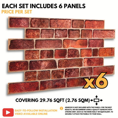 3D Wall Panels with Adhesive Included - Pack of 6 Sheets - Covering 29.76 ft² (2.76 m²) - Decorative Faux Deep Red Brick Pattern - 7