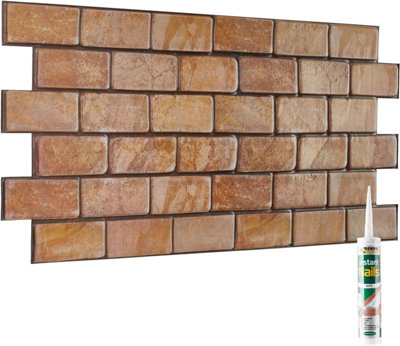3D Wall Panels with Adhesive Included - Pack of 6 Sheets -Covering 29.76 ft²(2.76 m²) - Decorative Light Brown Rustic Brick Design