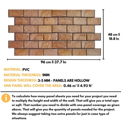 3D Wall Panels with Adhesive Included - Pack of 6 Sheets -Covering 29.76 ft²(2.76 m²) - Decorative Light Brown Rustic Brick Design - 3