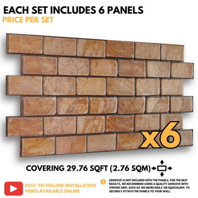 3D Wall Panels with Adhesive Included - Pack of 6 Sheets -Covering 29.76 ft²(2.76 m²) - Decorative Light Brown Rustic Brick Design - 6