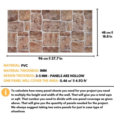 3D Wall Panels with Adhesive Included - Pack of 6 Sheets -Covering 29.76 ft²(2.76 m²) - Decorative Rustic Brown Stone Design - 3