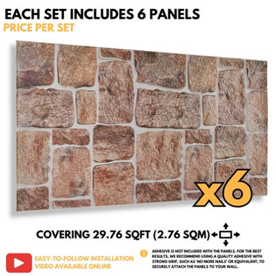 3D Wall Panels with Adhesive Included - Pack of 6 Sheets -Covering 29.76 ft²(2.76 m²) - Decorative Rustic Brown Stone Design - 7