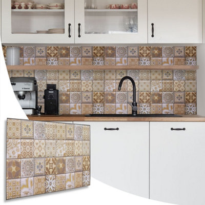 3D Wall Panels with Adhesive Included - Pack of 6 Sheets -Covering 29.76 sqft/2.76 sqm - Brown & Beige Mediterranean Tile Pattern