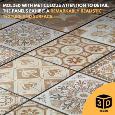 3D Wall Panels with Adhesive Included - Pack of 6 Sheets -Covering 29.76 sqft/2.76 sqm - Brown & Beige Mediterranean Tile Pattern