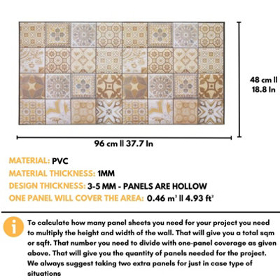 3D Wall Panels with Adhesive Included - Pack of 6 Sheets -Covering 29.76 sqft/2.76 sqm - Brown & Beige Mediterranean Tile Pattern - 3