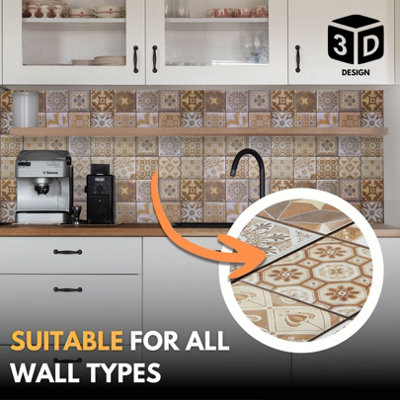 3D Wall Panels with Adhesive Included - Pack of 6 Sheets -Covering 29.76 sqft/2.76 sqm - Brown & Beige Mediterranean Tile Pattern - 4