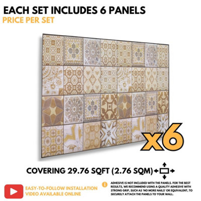 3D Wall Panels with Adhesive Included - Pack of 6 Sheets -Covering 29.76 sqft/2.76 sqm - Brown & Beige Mediterranean Tile Pattern - 6