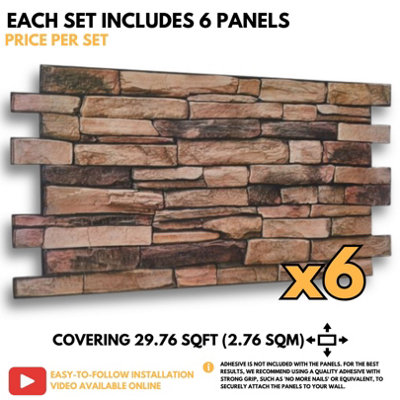 3D Wall Panels with Adhesive Included - Pack of 6 Sheets -Covering 29.76 sqft/2.76 sqm - Decorative Beige and Black Stone Design - 6
