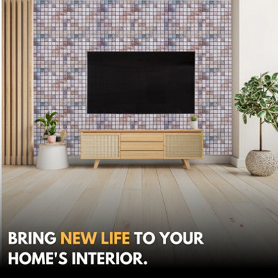 3D Wall Panels with Adhesive Included - Pack of 6 Sheets -Covering 29.76 sqft/2.76 sqm - Decorative Beige & Grey Mosaic Tiles