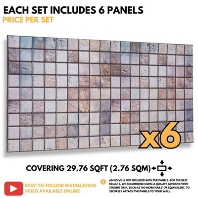 3D Wall Panels with Adhesive Included - Pack of 6 Sheets -Covering 29.76 sqft/2.76 sqm - Decorative Beige & Grey Mosaic Tiles - 6