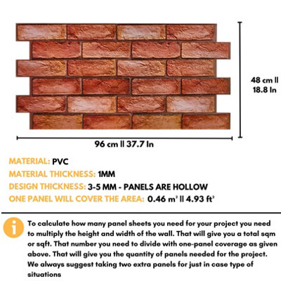 3D Wall Panels with Adhesive Included - Pack of 6 Sheets -Covering 29.76 sqft/2.76 sqm - Decorative Reddish Brown Brick Design - 3
