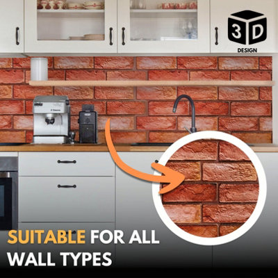 3D Wall Panels with Adhesive Included - Pack of 6 Sheets -Covering 29.76 sqft/2.76 sqm - Decorative Reddish Brown Brick Design - 4