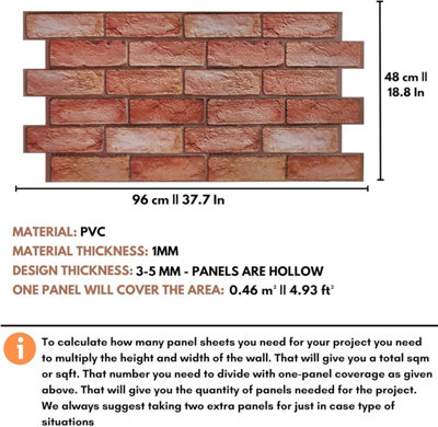 3D Wall Panels with Adhesive Included - Pack of 6 Sheets -Covering 29.76 sqft/2.76 sqm - Decorative Reddish Brown Brick Design