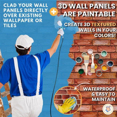 3D Wall Panels with Adhesive Included - Pack of 6 Sheets -Covering 29.76 sqft/2.76 sqm - Decorative Reddish Brown Brick Design - 6