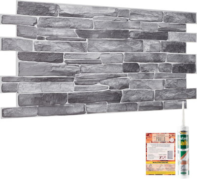3D Wall Panels with Adhesive Included - Pack of 6 Sheets -Covering 29.76 sqft/2.76 sqm - Decorative Silver Grey Stone Slate Design