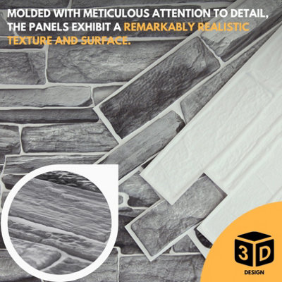 3D Wall Panels with Adhesive Included - Pack of 6 Sheets -Covering 29.76 sqft/2.76 sqm - Decorative Silver Grey Stone Slate Design - 4