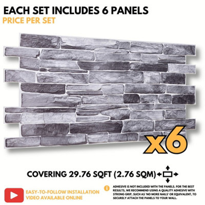 3D Wall Panels with Adhesive Included - Pack of 6 Sheets -Covering 29.76 sqft/2.76 sqm - Decorative Silver Grey Stone Slate Design - 6