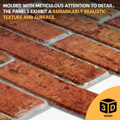 3D Wall Panels with Adhesive Included - Pack of 6 Sheets -Covering 29.76 sqft/2.76 sqm - Decorative Vintage Rustic Brick Pattern