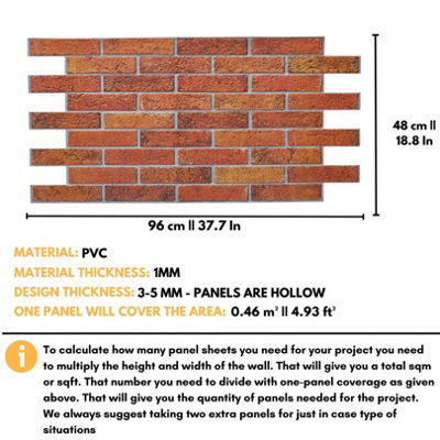 3D Wall Panels with Adhesive Included - Pack of 6 Sheets -Covering 29.76 sqft/2.76 sqm - Decorative Vintage Rustic Brick Pattern - 3