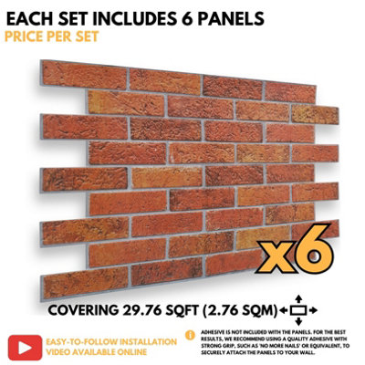3D Wall Panels with Adhesive Included - Pack of 6 Sheets -Covering 29.76 sqft/2.76 sqm - Decorative Vintage Rustic Brick Pattern - 6