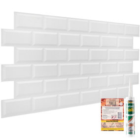 3D Wall Panels with Adhesive Included - Pack of 6 Sheets -Covering 29.76 sqft/2.76 sqm - Subway Tile Pattern in Matte White