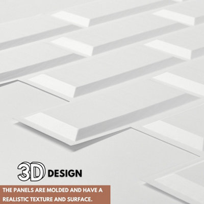 3D Wall Panels with Adhesive Included - Pack of 6 Sheets -Covering 29.76 sqft/2.76 sqm - Subway Tile Pattern in Matte White - 4