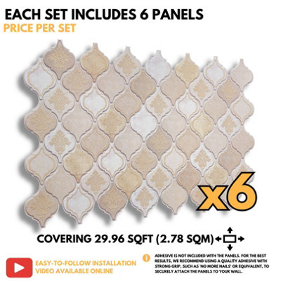3D Wall Panels with Glitter Effect - Set of 6 sheets cover 29.96ft²(2.78m²) Oriental Arabesque Arabic Wall Panelling in Cream Gold - 7