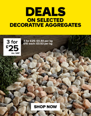 Deals on selected decorative aggregates. 3 for £25 including VAT £0.44 per KG, standard price is £10 each, £0.53 per KG. Shop now.