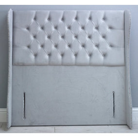 3ft 54inch  Grey Plush Floorstanding Chesterfield Curved Wing Beading Headboard