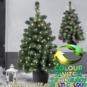 3ft (90cm) Pre-lit Mini Doorstep Christmas Tree with Colour Switch Tech chose Multi-Coloured or Warm White LEDs