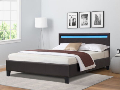 3ft Brown Faux Leather Modern Bed Frame With LED