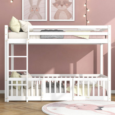 3FT Bunk Bed with Fences and Door, Children's Bed with Fall Protection and Railings, Solid Wood, White
