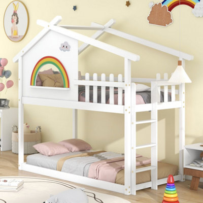 3FT Children's Bunk Bed Frame with Ladder, House Bed, Bunk Bed(White, 190x90cm)