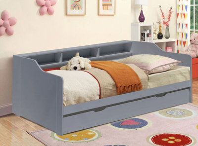 3ft Grey Wooden Bed with Trundle With Shelving