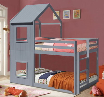 3ft Grey Wooden House Bunk Bed