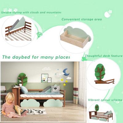 3FT Kids Toddler Bed with Storage Drawers and Desk, Tree Shelves , Single Tree Shape Daybed with 2 Drawers, 90x190cm