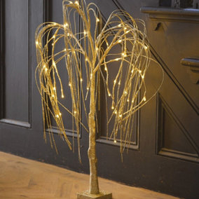 3ft LED Illuminated Golden Willow Tree - Battery Powered Indoor Home Decoration with Warm White Lights - Measures H90cm