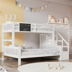 3FT Single, 4FT6 Bunk Bed with Stairs and Trundle, Bedside with Small Blackboard, Multiple Storage Compartments, White