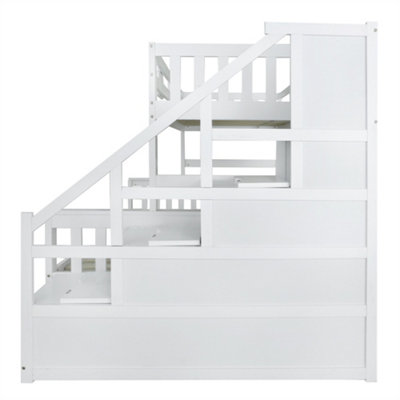 3FT Single, 4FT6 Bunk Bed with Stairs and Trundle, Bedside with Small Blackboard, Multiple Storage Compartments, White
