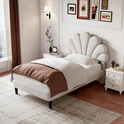 3FT Single Bed Frame, Adjustable Headboard,Velvet Fabric,Beige White