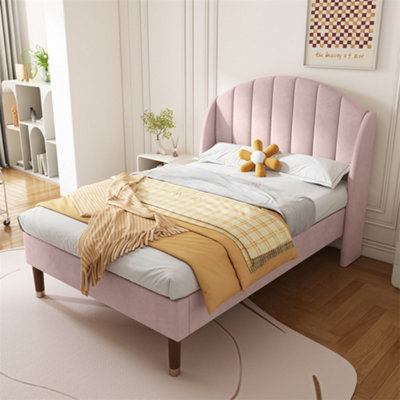3ft Single Bed with Slatted Frame and Headboard, Youth Bed, Wooden Slatted Support, Velvet, Pink 