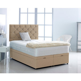 3FT Single Beige Linen Velvet Foot Lift Ottoman Bed With Headboard & Mattress