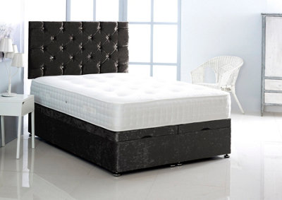 3FT Single Black Crush Velvet Foot Lift Ottoman Bed With Headboard & Mattress