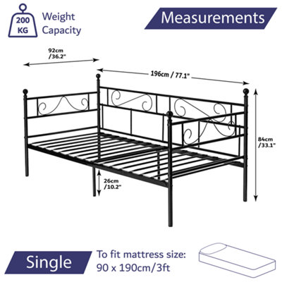 3ft Single Black Metal Day Bed With Pocket Sprung Mattress