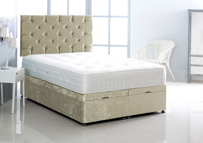 3FT Single Cream Crush Velvet Foot Lift Ottoman Bed With Headboard & Mattress