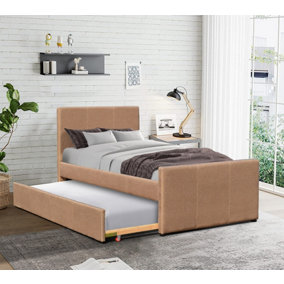 3ft Single Fabric Bed Frame With Trundle Bed in Brown
